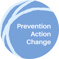 Circular logo for Prevention Action Change. The background is light blue with three wavy, concentric arcs in a lighter shade sweeping across the top left, symbolizing interconnected layers of preventing violence, acting in response, and changing culture. Centered white text reads “Prevention Action Change.
